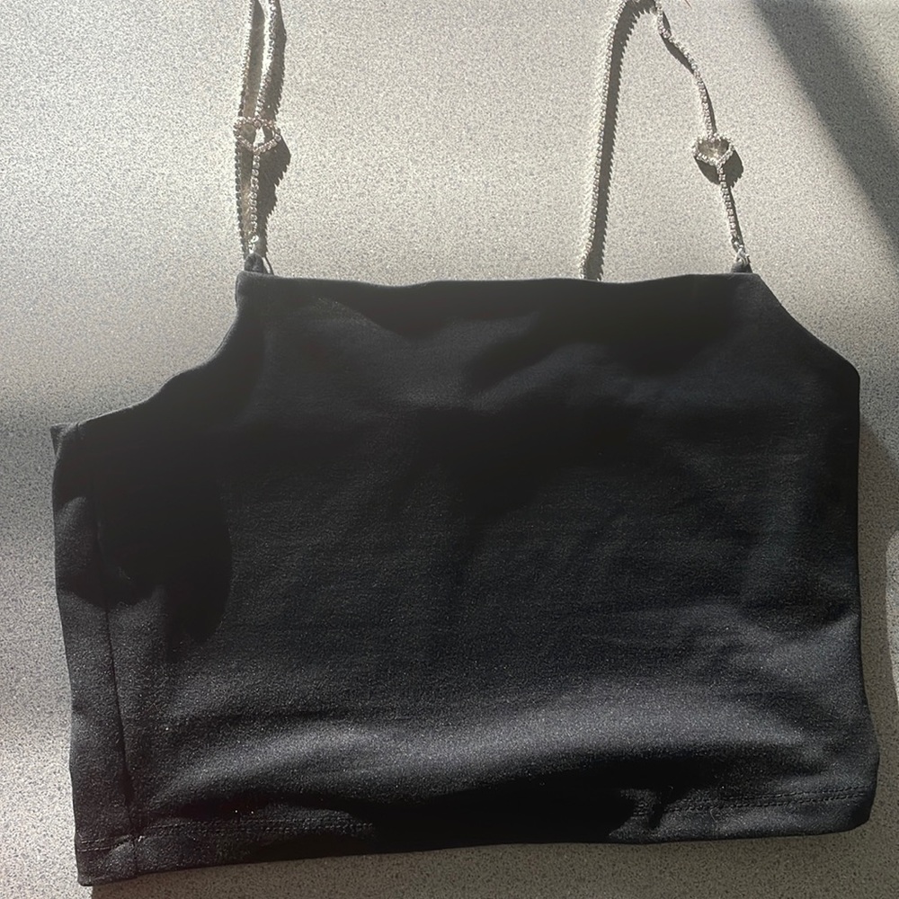 Rhinestone strap black crop top